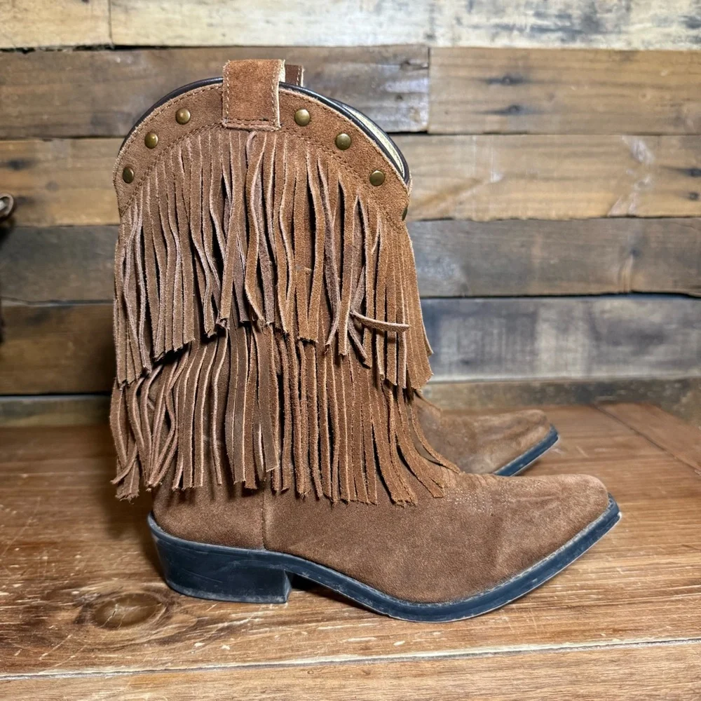 Shyanne‎ Girls' Double-Fringe Cowboy Boot Snip Toe Brown Suede Leather Size 3.